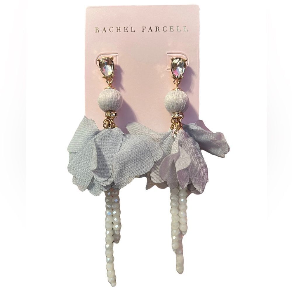 Rachel Parcell Organza Flower Beaded Linear Statement Earrings In Blue